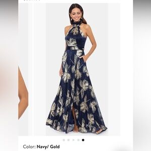 Betsy & Adam Foil Print Sleeveless Gown - Navy/Gold - Size 6